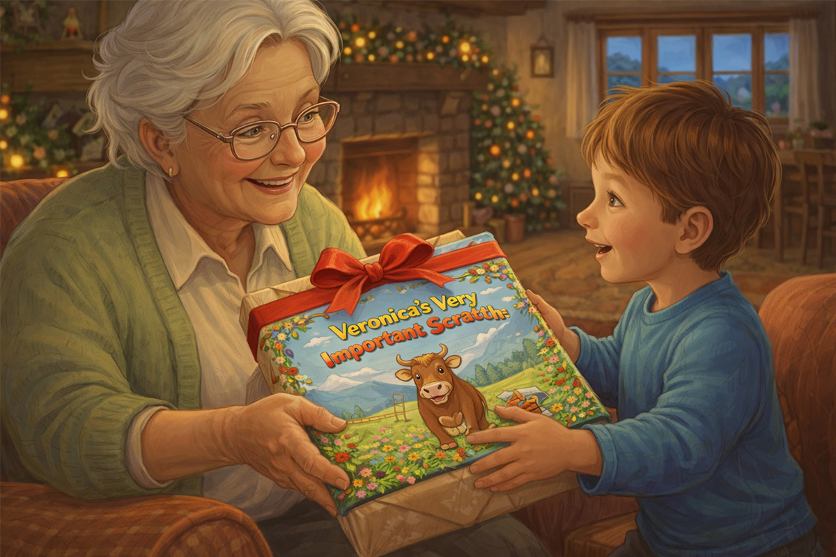 Grandma givign Scrtahc to Grandson gift 1200×800 Veronicas Busy Day gift childrens book