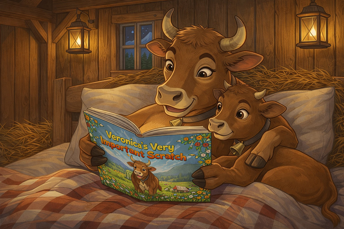 Veronica Readign to Liesel in Bed 1200×800 bedtime cow facts for kids
