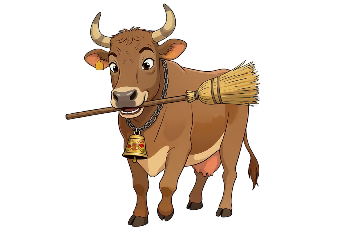 Veronica Side on with Broom Veronica the Cow children's book character by Jaz Hoy