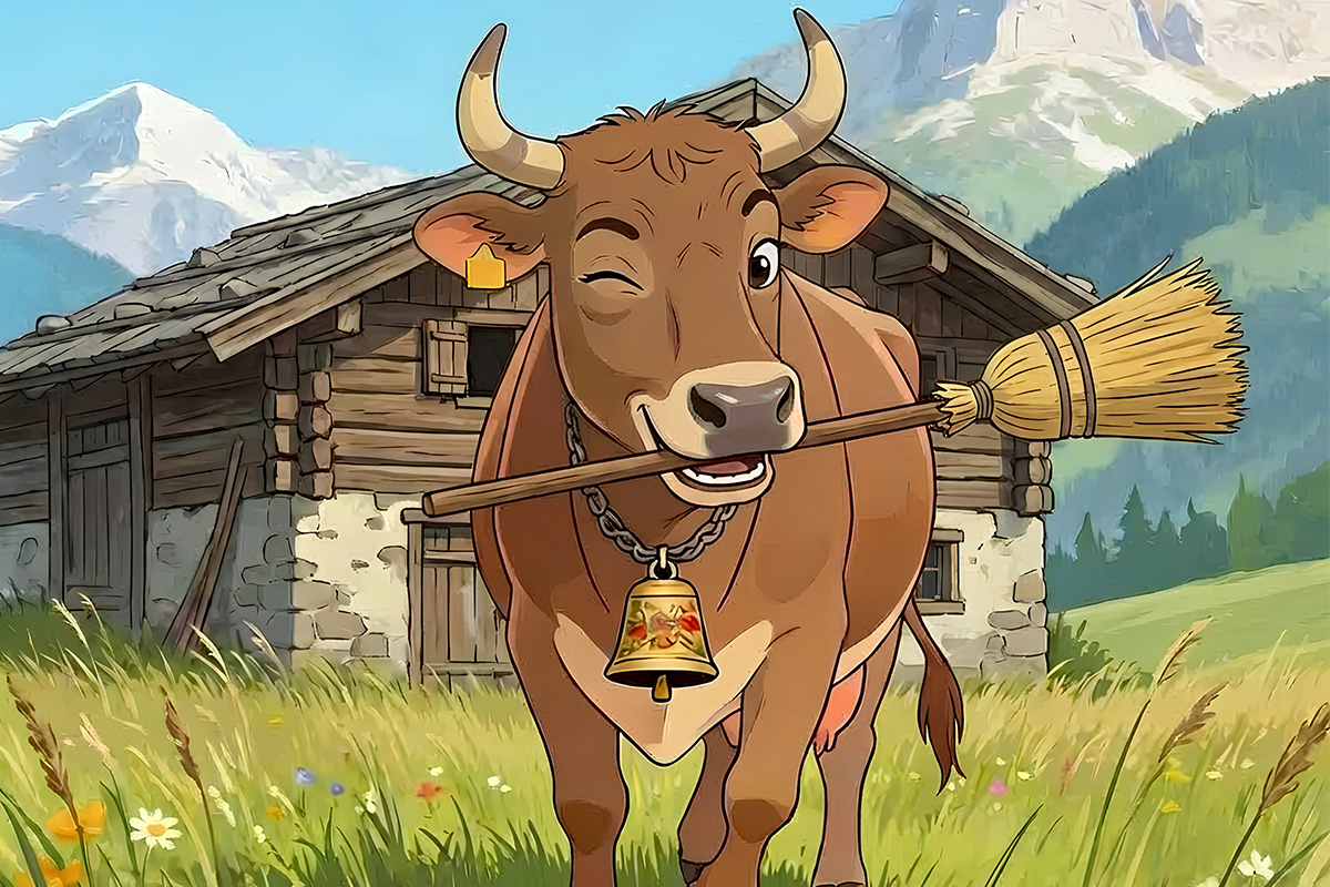 Veronica Winkign with Barn in background 1200×800-Recovered cow facts for kids — Veronica the clever cow from the Austrian Alps