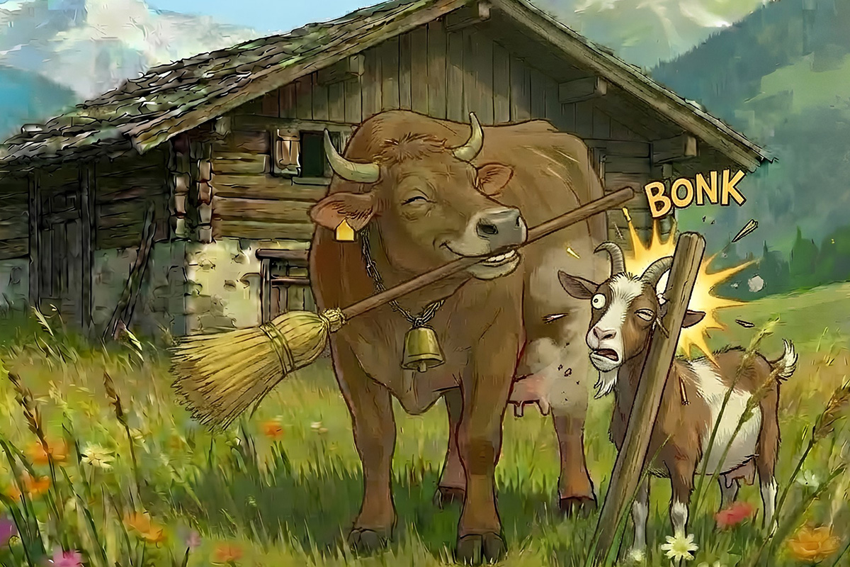 Veronica and Greta Banging Post1200x800-Recovered eronica illustration or fun cow facts graphic Alt text: amazing cow facts for kids — Veronica the clever cow